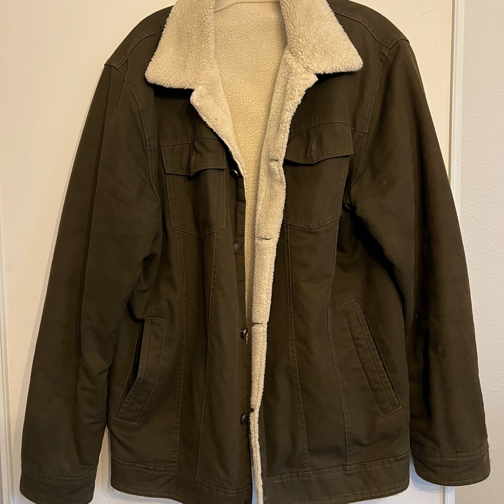 Cream and Green Military Field Jacket with Sherpa Lining